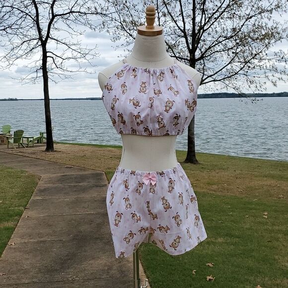 Hey Sue! Vintage Dogs Flowers Handmade Crop Top Shorts Set 70s Style - Picture 8 of 8